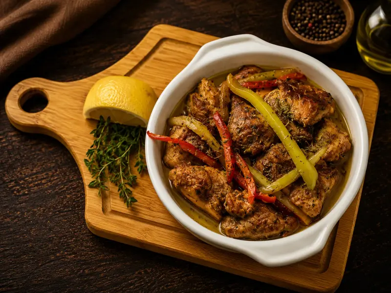 Свински късчета с чушки и мащерка